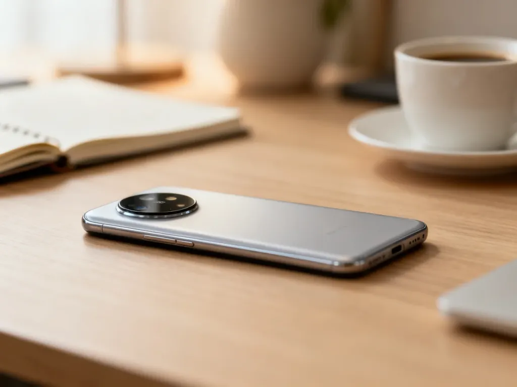 Elegancki smartfon Huawei P8 lite leżący na drewnianym biurku w przytulnym domowym biurze.