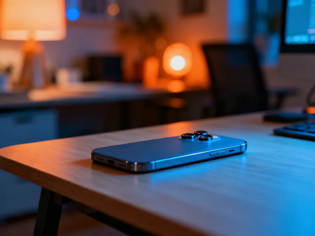 Xiaomi Redmi Note 8 Pro leżący na drewnianym biurku z wyeksponowanym modułem aparatu w profesjonalnym oświetleniu.