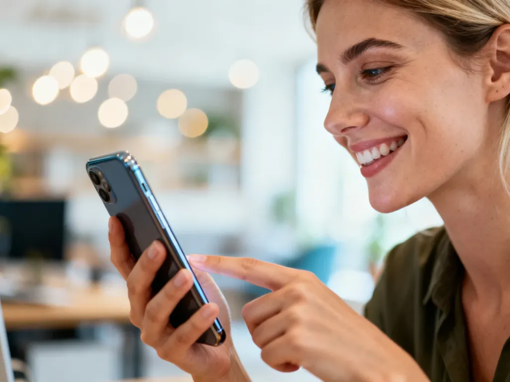 Uśmiechnięta kobieta korzystająca ze smartfona w nowoczesnym biurze domowym, ilustrująca proces zmiany zdjęcia na Instagramie.