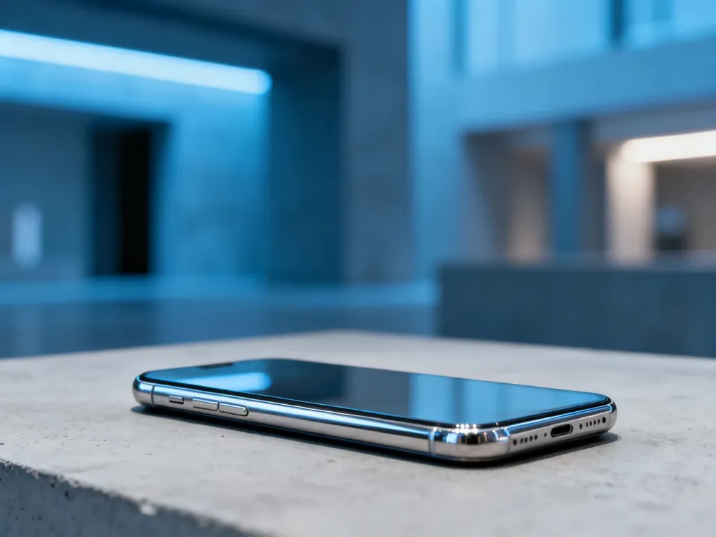 Nowoczesny smartfon z metalową ramką i szklaną obudową spoczywający na minimalistycznym, betonowym podłożu.