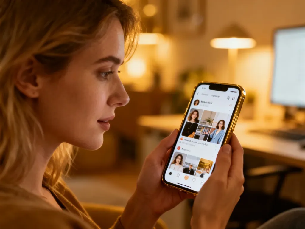 Kobieta trzymająca smartfon z otwartą aplikacją społecznościową w przytulnym domowym biurze.