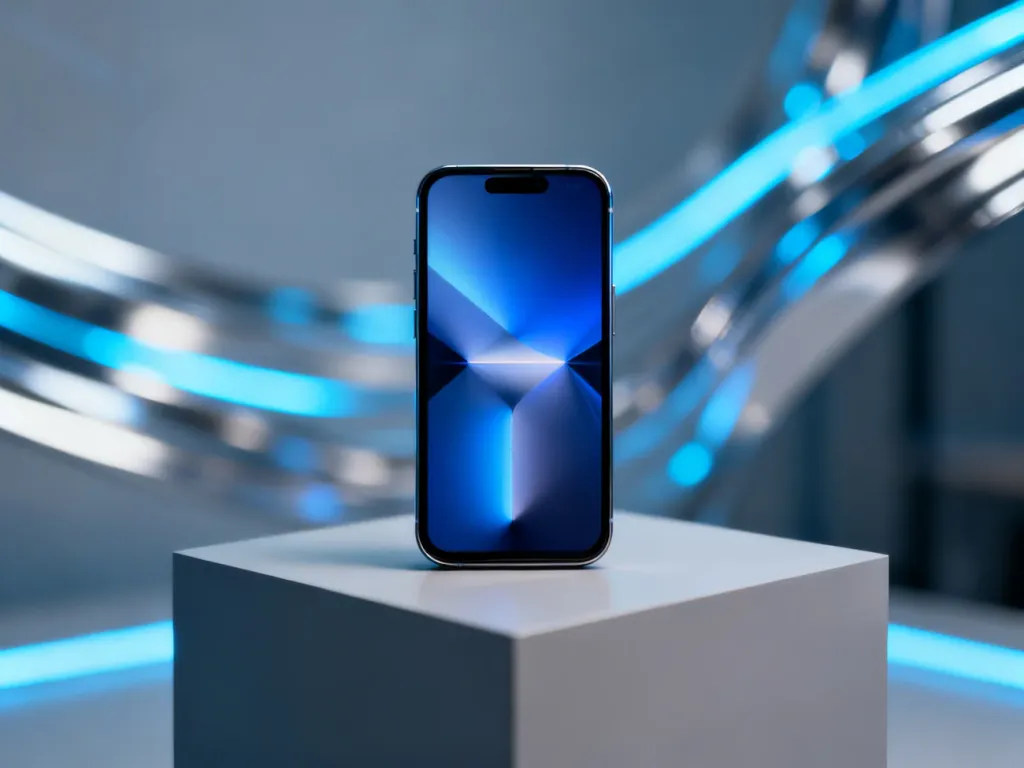 Nowoczesny smartfon Samsung Galaxy na minimalistycznym postumencie w otoczeniu technologicznych świateł.