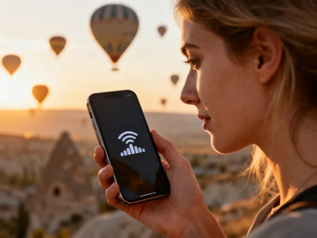 Kobieta trzymająca smartfon z widocznym zasięgiem na tle wschodzących balonów w Kapadocji.