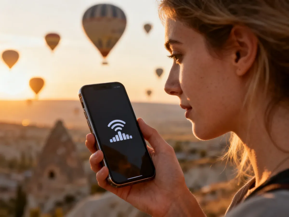 Kobieta trzymająca smartfon z widocznym zasięgiem na tle wschodzących balonów w Kapadocji.
