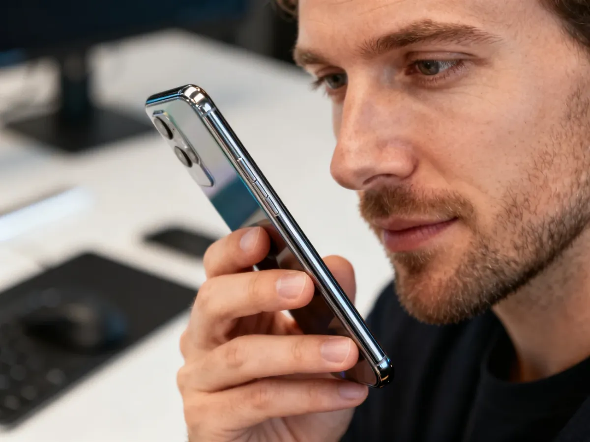 Nowoczesny smartfon z metalową obudową trzymany w dłoni na tle minimalistycznego biura.