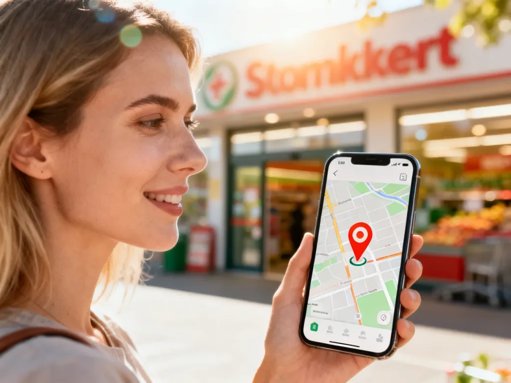 Kobieta sprawdza lokalizację sklepu Intermarché na mapie w smartfonie, stojąc przed wejściem do supermarketu.