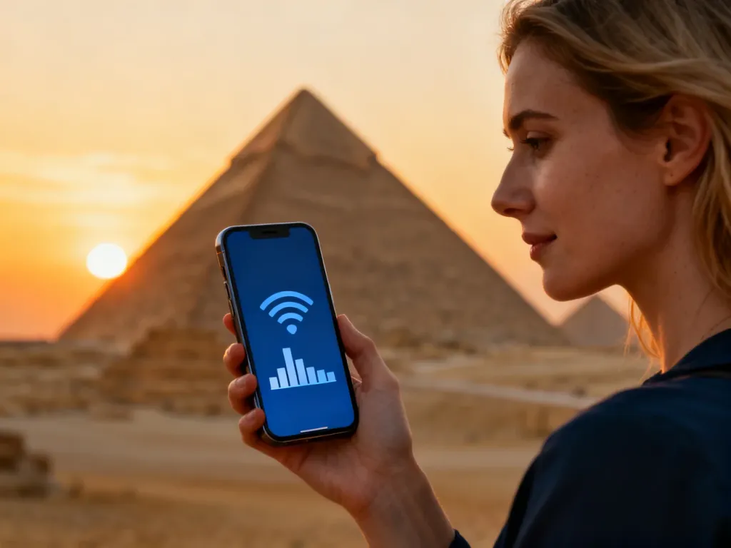 Dłoń trzymająca smartfon z widocznym zasięgiem na tle piramid w Gizie podczas zachodu słońca.