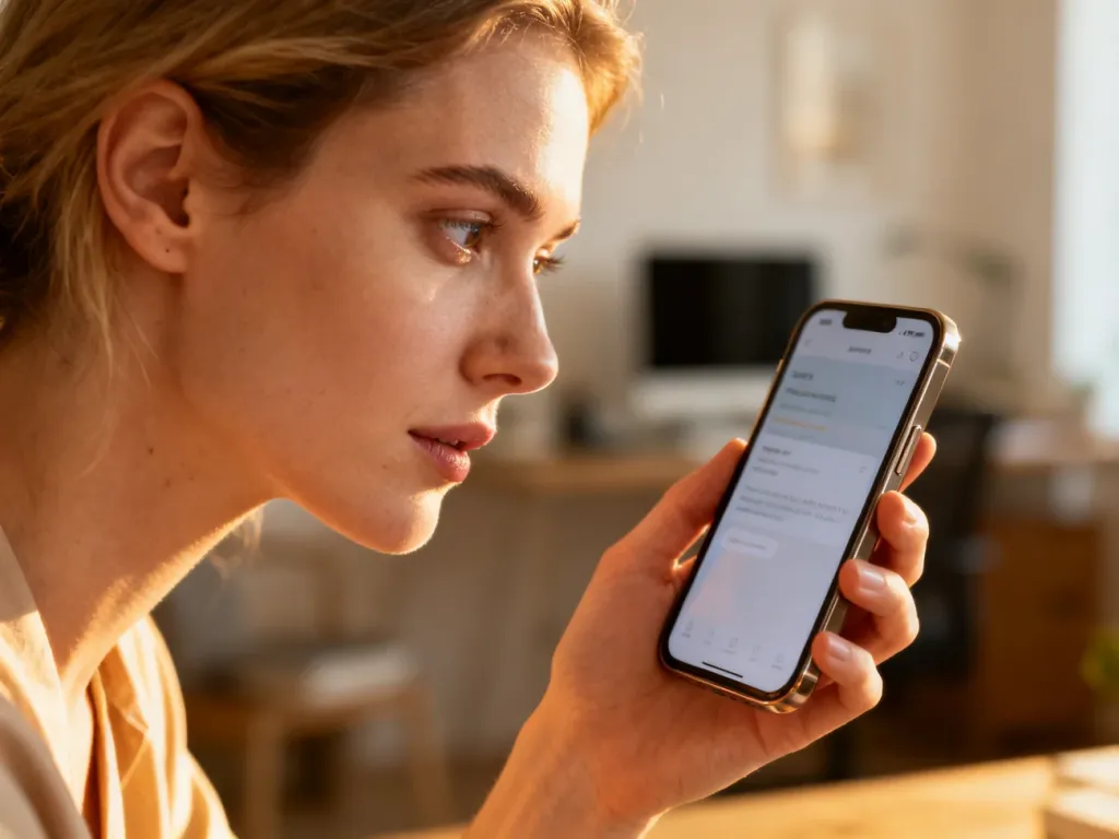 Kobieta zamyślona nad ekranem smartfona w przytulnym domowym biurze, szukająca wiadomości w telefonie.