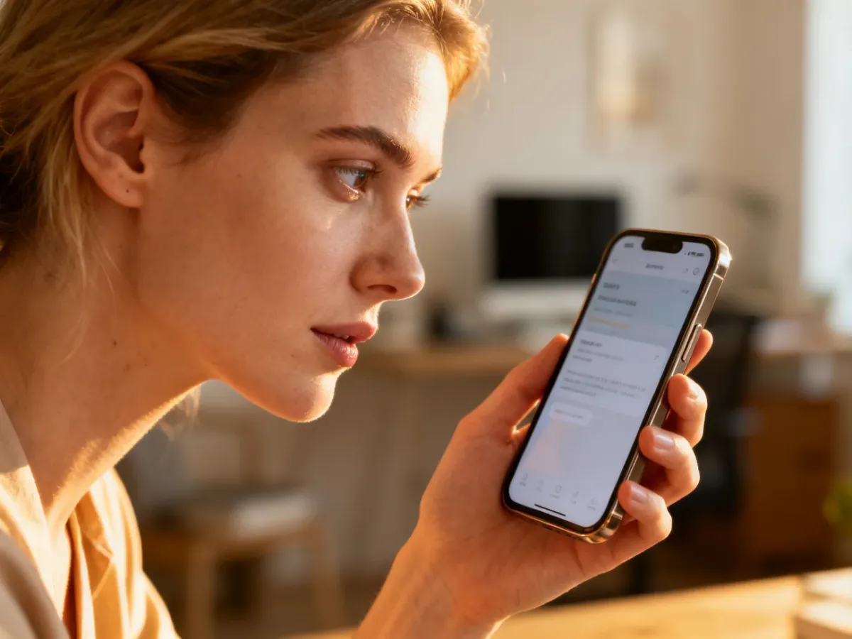 Kobieta zamyślona nad ekranem smartfona w przytulnym domowym biurze, szukająca wiadomości w telefonie.