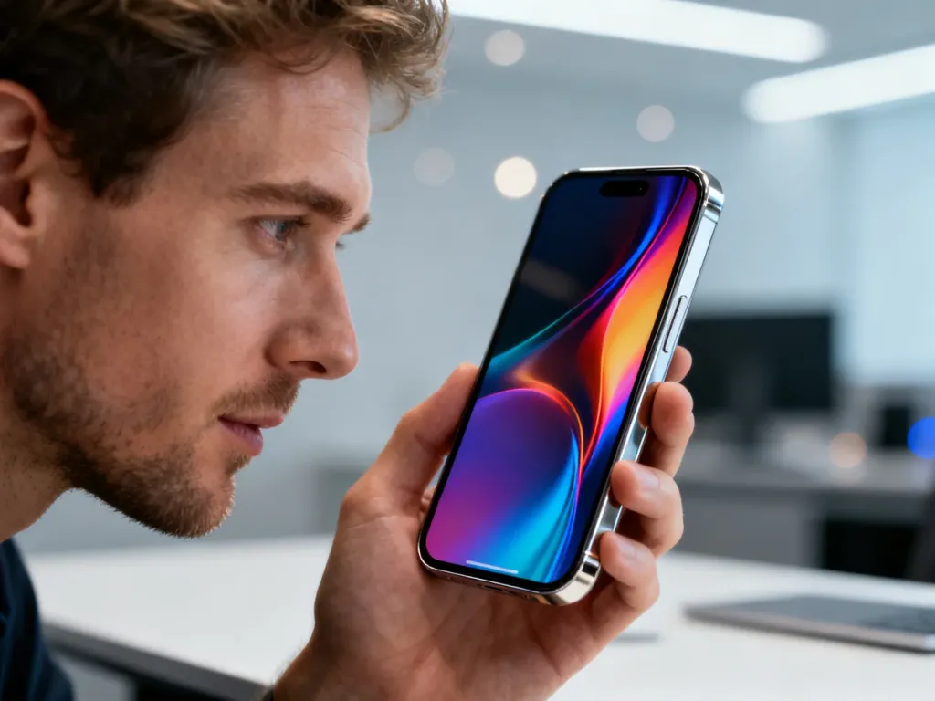 Mężczyzna trzymający nowoczesny smartfon Samsung Galaxy S24 Ultra z wyraźnym, kolorowym ekranem w minimalistycznym biurze.