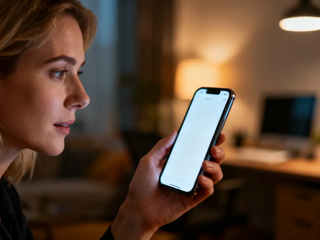 Kobieta trzymająca w dłoniach smartfon Xiaomi Redmi Note 11 z włączonym ekranem w przytulnym domowym biurze.