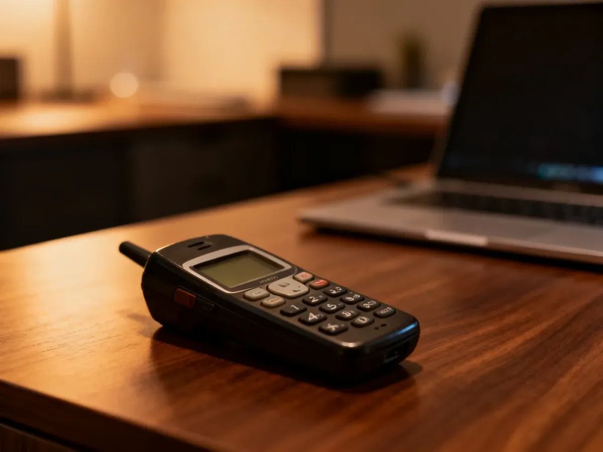 Klasyczny telefon Nokia 3310 na drewnianym biurku, podkreślający kultowy design urządzenia w zestawieniu z nowoczesnym wnętrzem.
