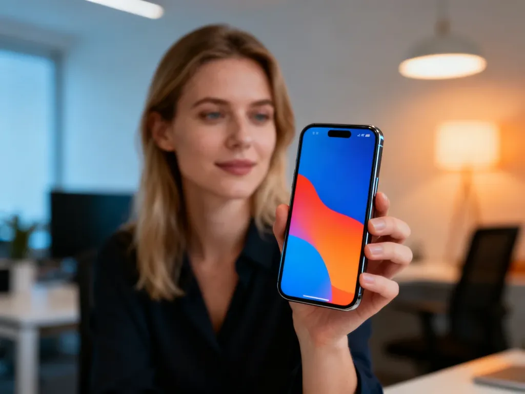 Kobieta trzymająca w dłoni nowoczesny smartfon Samsung Galaxy A55 z wyraźnym, kolorowym wyświetlaczem.