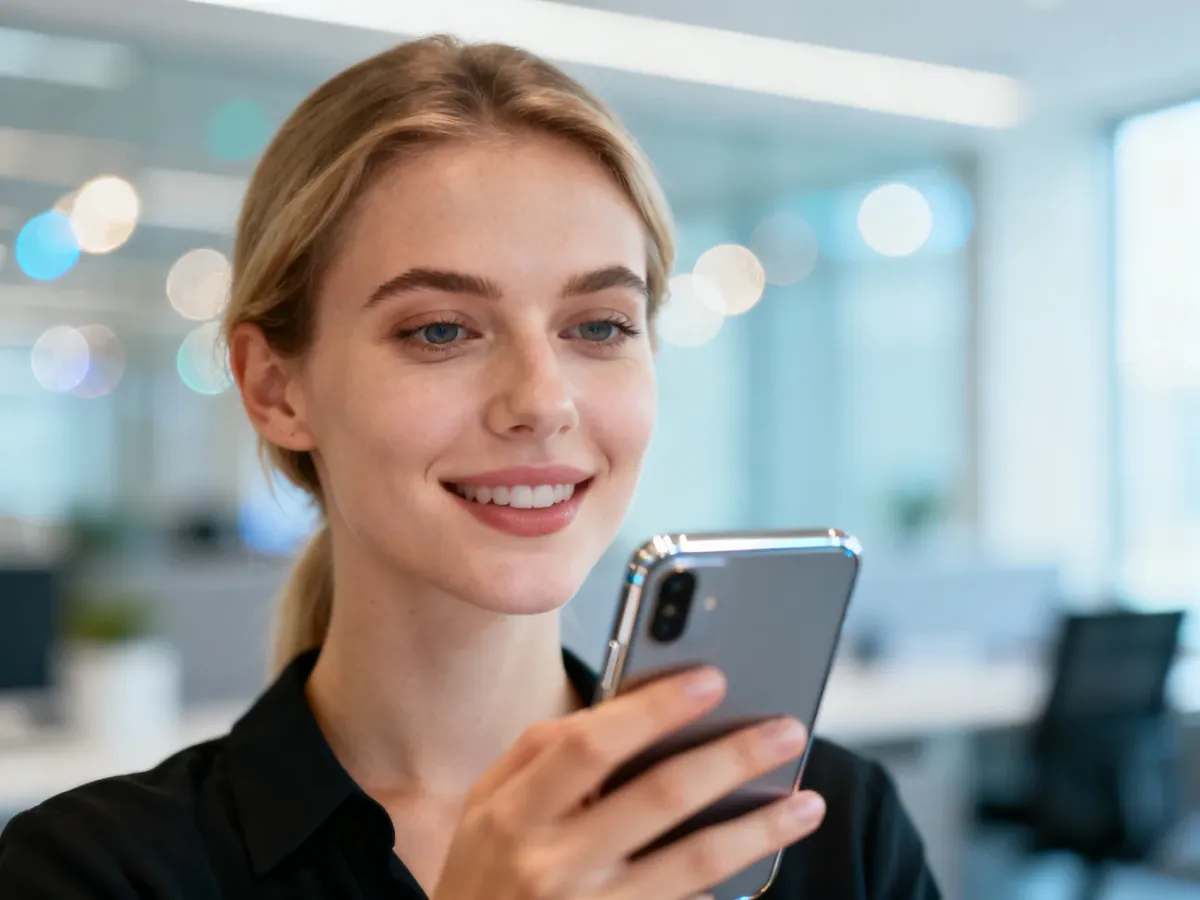 Kobieta trzymająca nowoczesny smartfon Google Pixel w dłoni na tle jasnego, biurowego wnętrza.