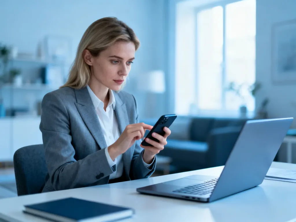 Kobieta pracująca przy laptopie i smartfonie w nowoczesnym biurze, symbolizująca korzystanie z pomocy technicznej online.