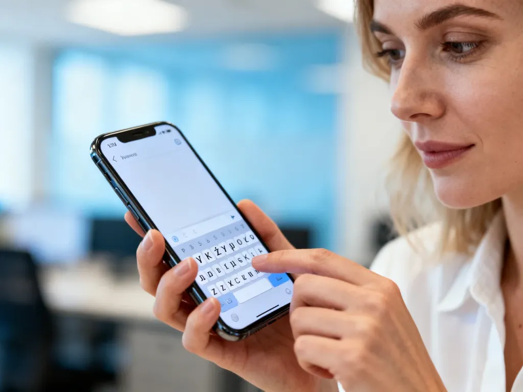 Dłoń trzymająca smartfon z widoczną klawiaturą ekranową, na której wybierane są polskie znaki diakrytyczne.
