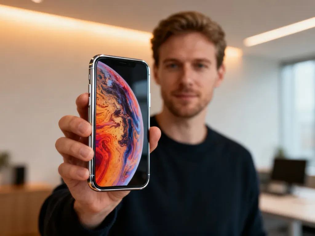 Mężczyzna trzymający w dłoni nowoczesny smartfon Samsung Galaxy S23 z wyraźnym wyświetlaczem w biurowym otoczeniu.