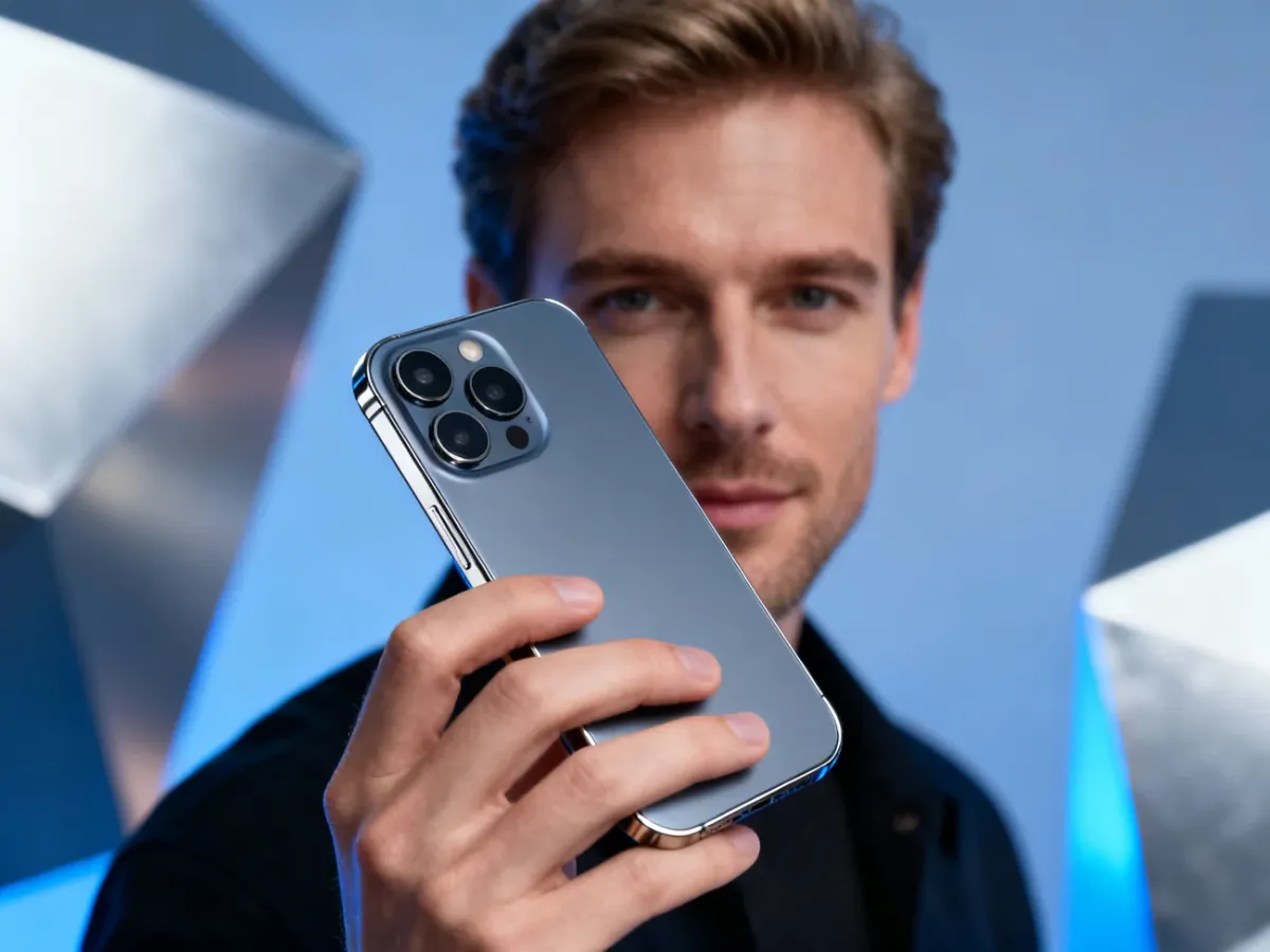 Mężczyzna trzyma nowoczesny smartfon iPhone 17 Pro Max, eksponując jego elegancką obudowę i zaawansowany system aparatów.