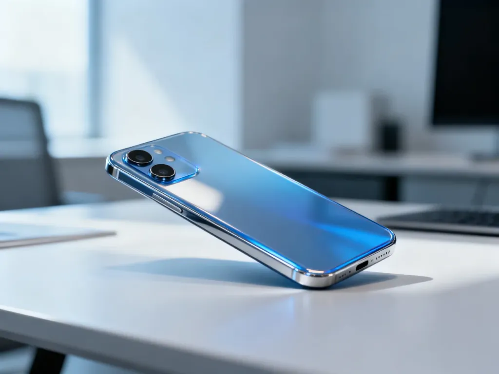 Smartfon Xiaomi Redmi Note 7 leżący na nowoczesnym biurku, ukazujący szklaną obudowę i podwójny aparat.