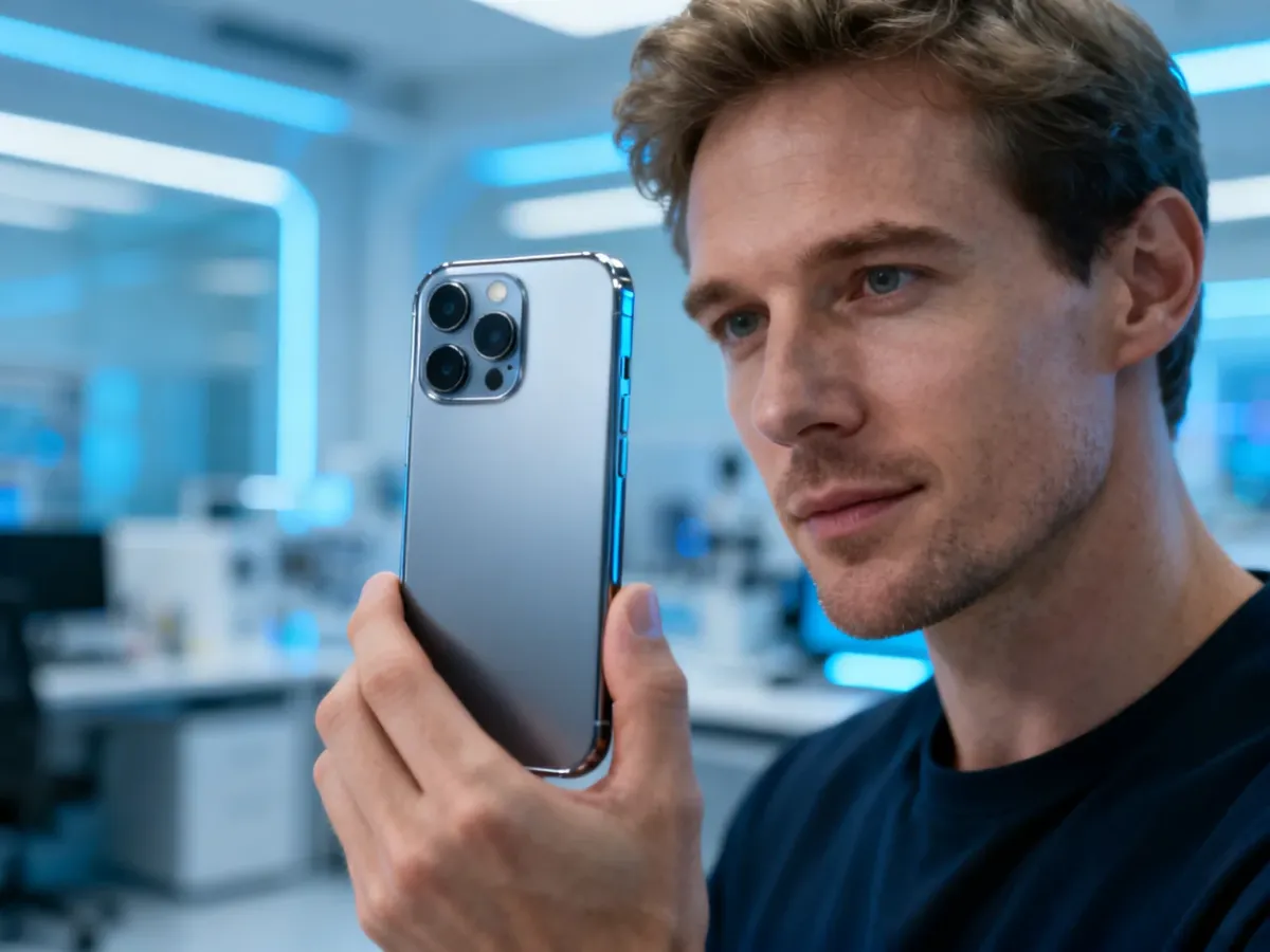 Elegancki smartfon Samsung Galaxy z nowoczesnym modułem aparatu trzymany w dłoni na tle futurystycznego biura technologicznego.