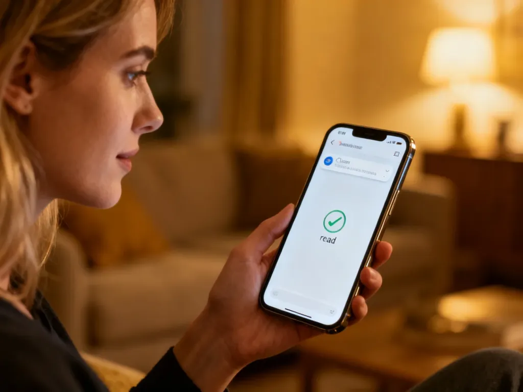 Dłoń trzymająca smartfon z widocznym powiadomieniem o odczytaniu wiadomości SMS na ekranie.