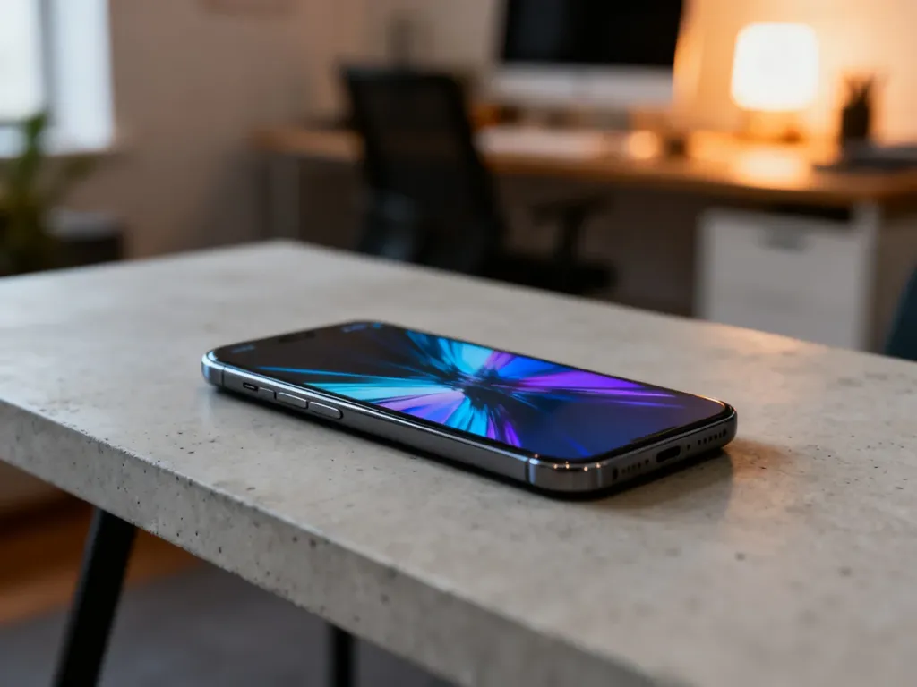 Samsung Galaxy S20 z żywą tapetą na ekranie, spoczywający na minimalistycznym betonowym biurku w domowym biurze.