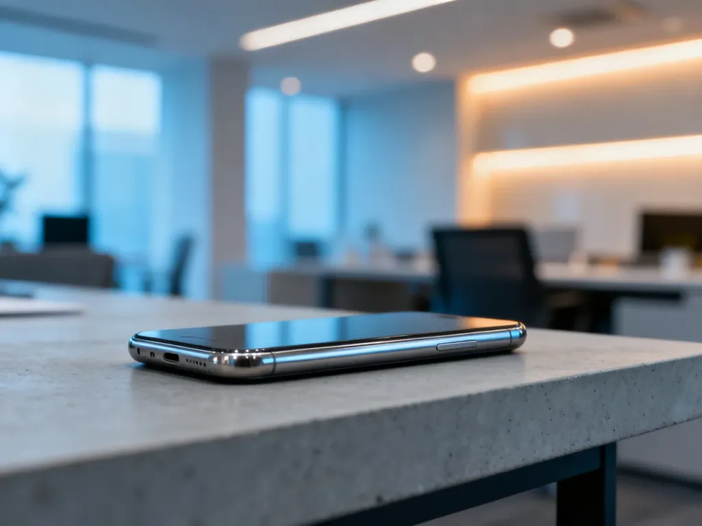 Nowoczesny smartfon Samsung Galaxy o metalicznym wykończeniu spoczywający na minimalistycznym biurku w biurowym wnętrzu.